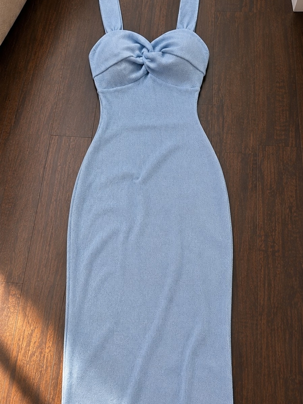 Twist-Bust Light Blue Maxi Dress with Wide Straps